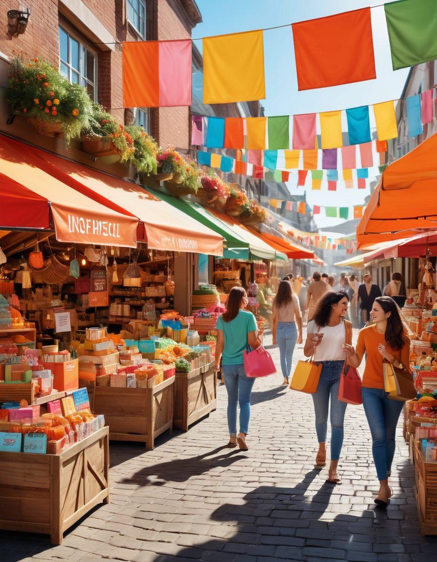 A vibrant marketplace scene featuring cheerful shoppers exploring a colorful array of premium wholesale goods. Include bright banners showcasing discounts, smiling faces, and baskets filled with diverse products. Create a lively atmosphere with warm sunlight filtering through stalls, highlighting the joy of saving money. Include hints of luxury items blended with everyday products to emphasize the theme of premium shopping. super-realistic. vibrant colors.