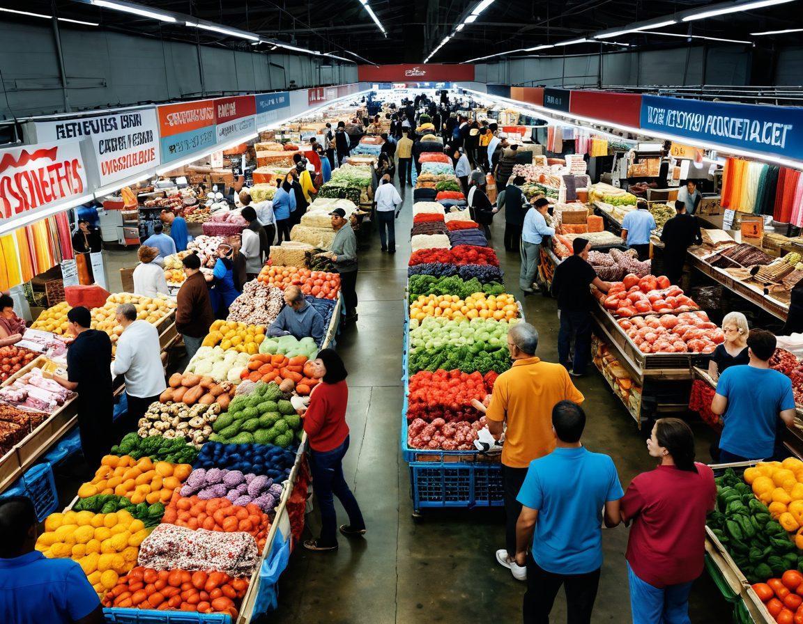 A bustling wholesale market scene showcasing cheerful wholesalers interacting with satisfied shoppers, surrounded by vibrant displays of products like textiles, electronics, and food items. Bright banners overhead showcase discounts and deals, while shoppers happily explore the aisles filled with colorful goods. The atmosphere is lively and inviting, capturing the essence of navigating a wholesale market. super-realistic. vibrant colors. dynamic composition.
