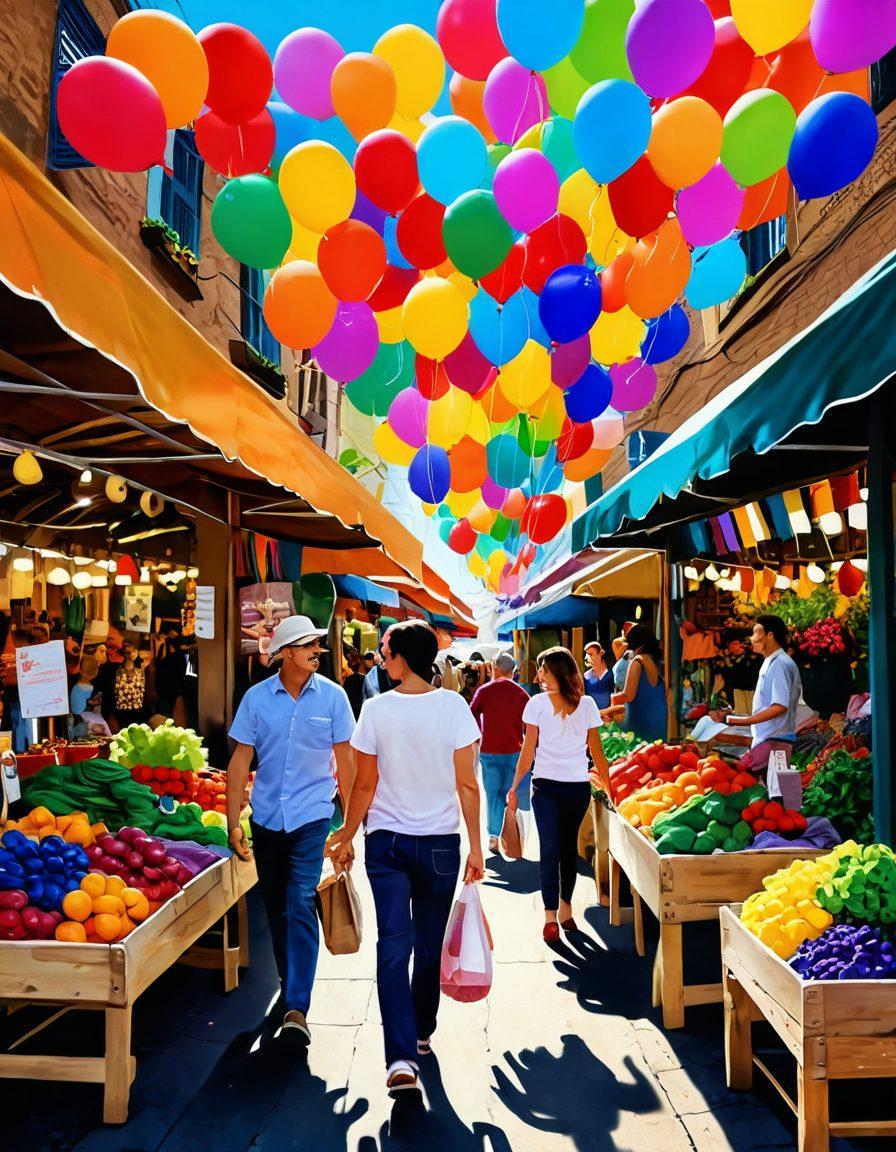 A colorful market scene bursting with joy, showcasing diverse people shopping for delightful wholesale goods such as fresh produce, handmade crafts, and vibrant textiles. Include playful elements like balloons and smiles to evoke happiness and the thrill of discovery. Incorporate bright colors that pop and a warm, inviting atmosphere to enhance the blissful shopping experience. Digital painting. vibrant colors. lively composition.
